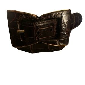 Brown Shiny Large Tile Distressed Alligator Belt with Hand-Wrapped Buckle
